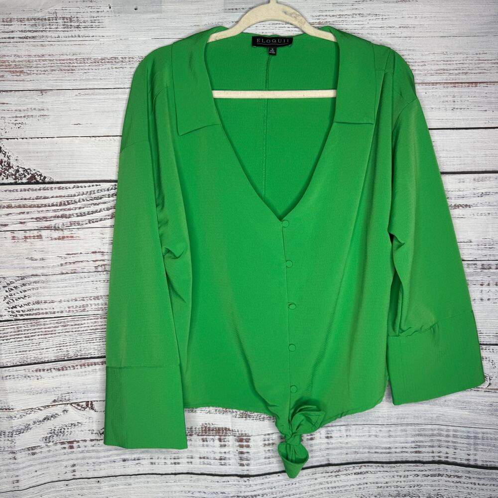 Eloquii Bright Green V-Neck Button Blouse with Front Tie